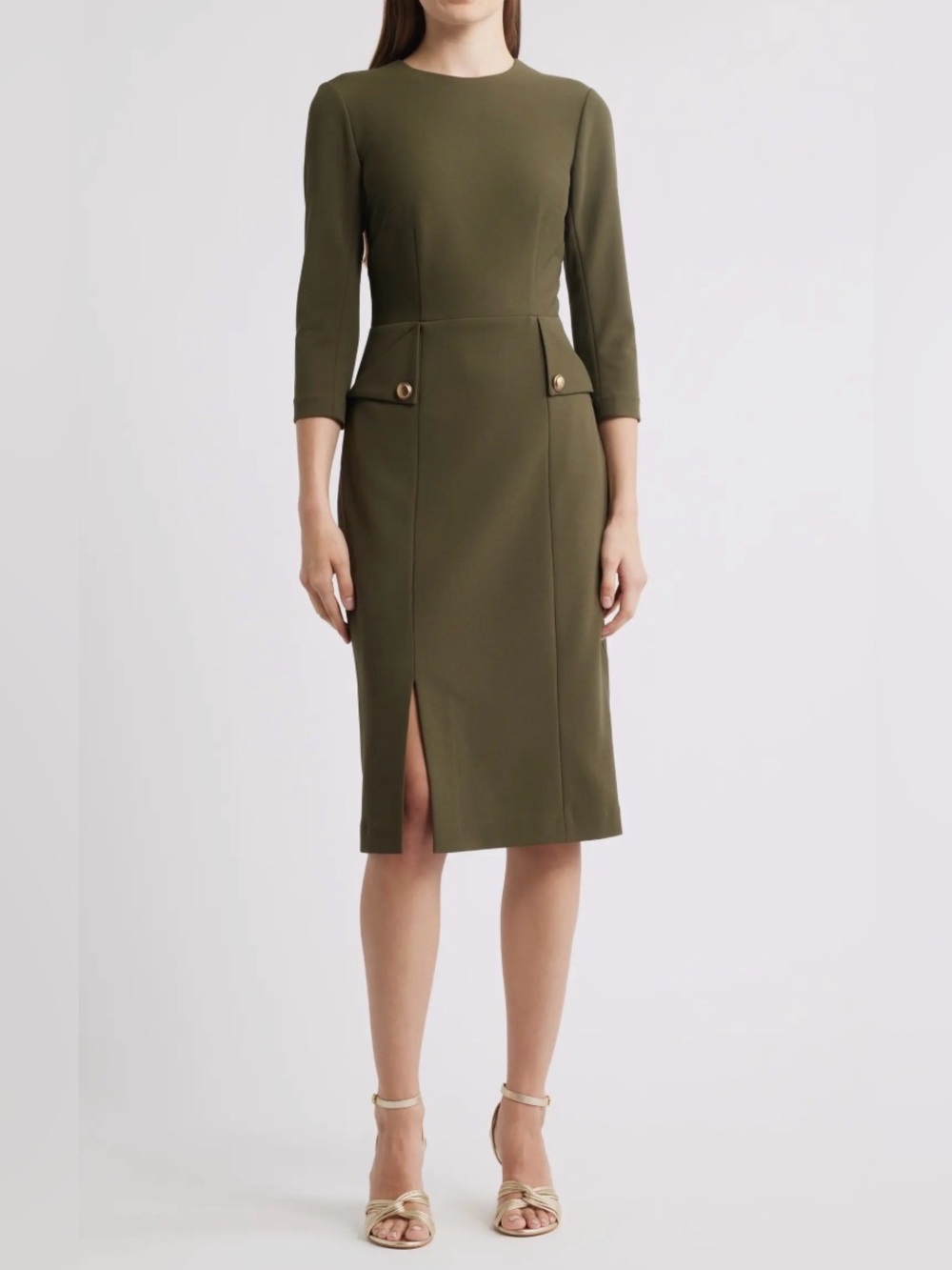 Eliza J Olive Midi Dress with Front Slit and Button-Detail Pockets size 4
